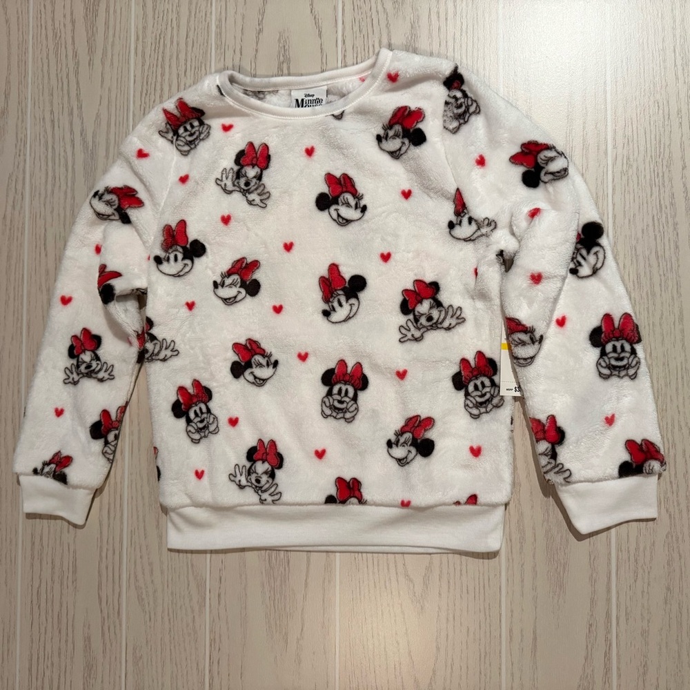 Disney Minnie Mouse Girls Plush Fleece Sweatshirt White Cozy Pullover Size M NEW